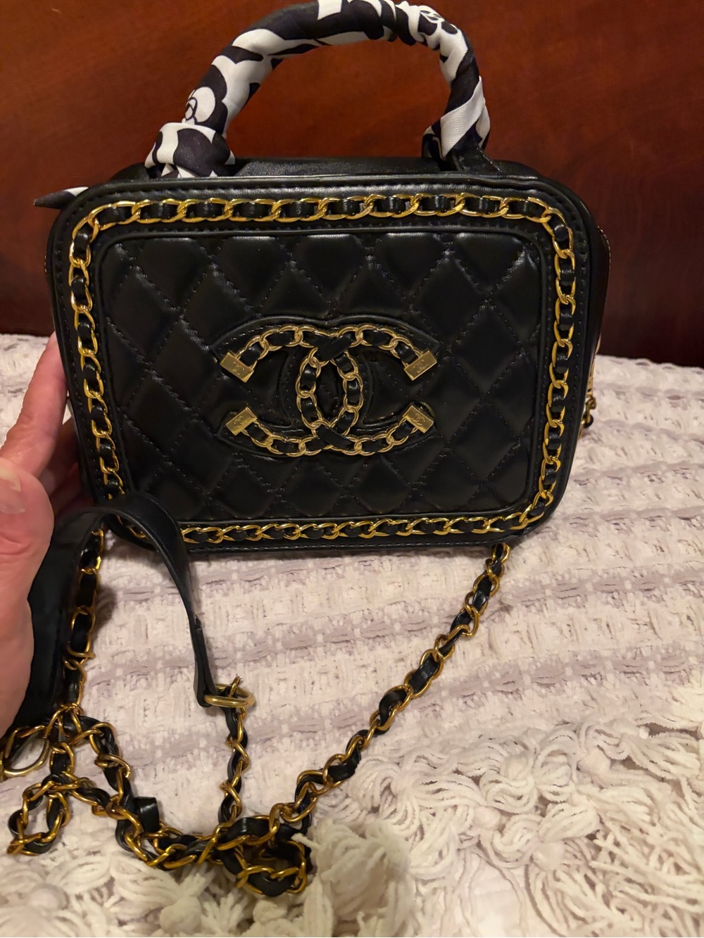 Black Quilted Chain-Trim Crossbody Camera Bag